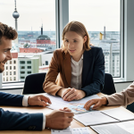 **

A diverse group of young professionals from different countries collaborating on a project in a modern office space, highlighting teamwork and intercultural communication. Soft, natural lighting, with subtle indications of the city in the background (e.g., a glimpse of Berlin architecture).

**