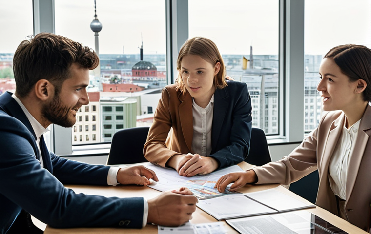 **
A diverse group of young professionals from different countries collaborating on a project in a modern office space, highlighting teamwork and intercultural communication. Soft, natural lighting, with subtle indications of the city in the background (e.g., a glimpse of Berlin architecture).
**