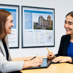 Consultation with Study Abroad Advisor**

A friendly, fully clothed female advisor with perfect anatomy, sits at a bright desk in a modern, professional office. She is explaining study abroad options on a tablet to a smiling, fully clothed young woman. The office has posters of famous international universities.  Safe for work, appropriate content, professional setting, modest attire, perfect anatomy, natural proportions, well-formed hands, proper finger count. Family-friendly.

**