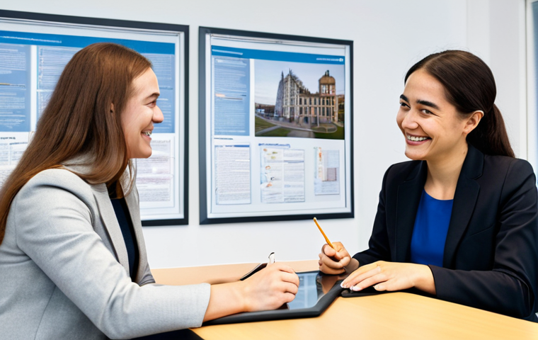 Consultation with Study Abroad Advisor**
A friendly, fully clothed female advisor with perfect anatomy, sits at a bright desk in a modern, professional office. She is explaining study abroad options on a tablet to a smiling, fully clothed young woman. The office has posters of famous international universities. Safe for work, appropriate content, professional setting, modest attire, perfect anatomy, natural proportions, well-formed hands, proper finger count. Family-friendly.
**